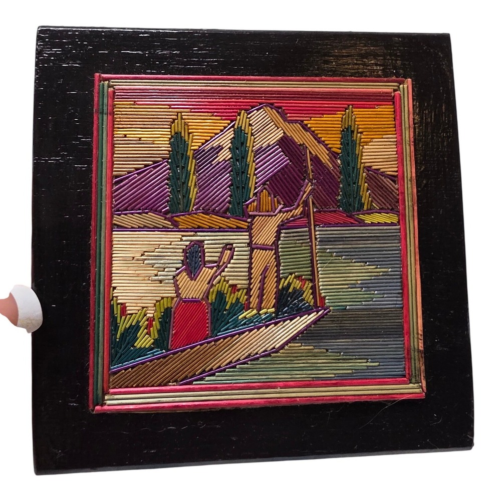 Vintage Straw Marquetry Folk Art Plaque‎ Landscape Mountain Scene Handmade 4.5in